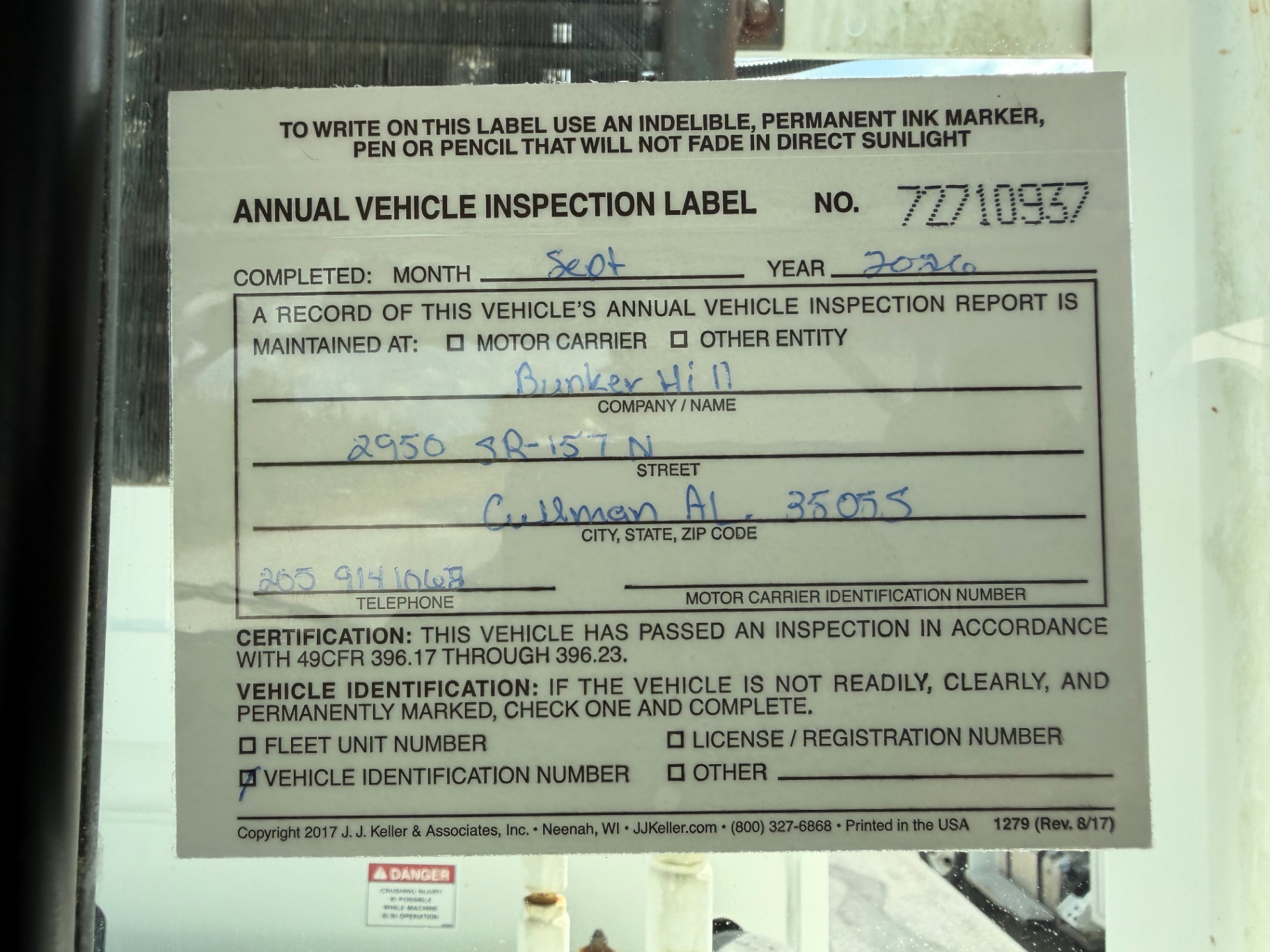 Annual vehicle inspection label, completed September 2026